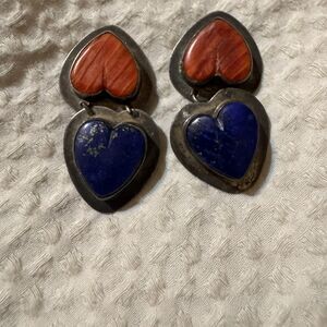 Lapis lazuli Spiny Oyster sterling Double Heart 90s Earrings clip ons read